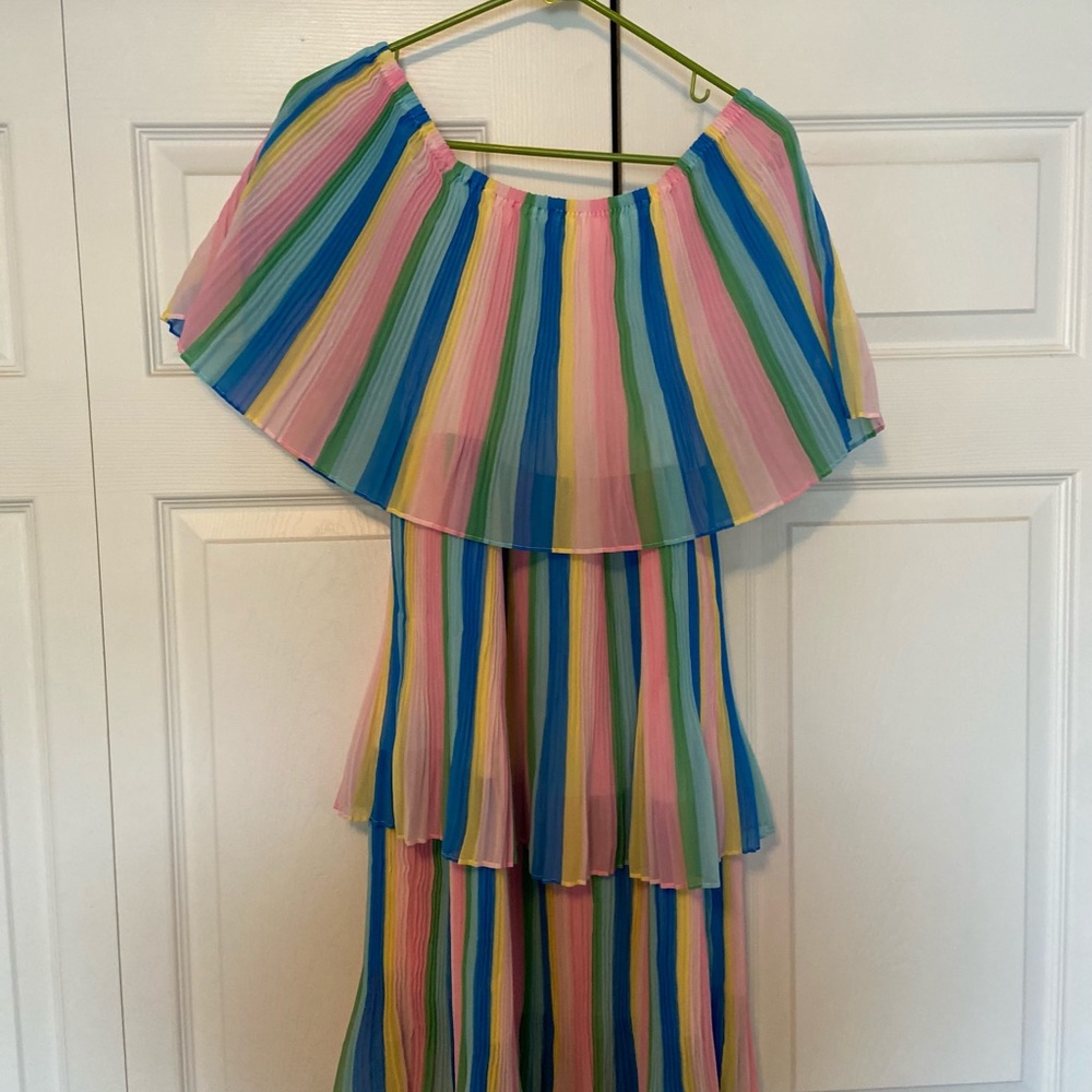 Three-tiered rainbow off the shoulder dress.